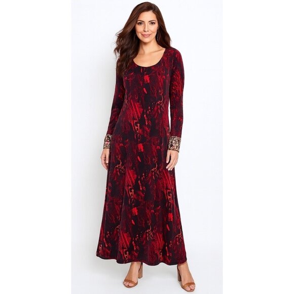 Soft Surroundings Maxi Dress TXL Red Black Velvet Burnout Beaded Cuff Boho - Picture 1 of 9